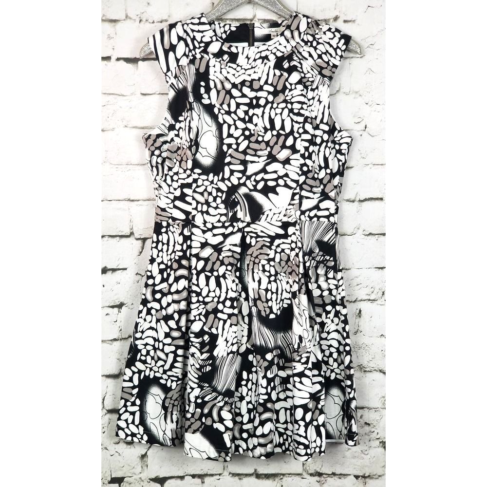 AMELIA Black White Abstract Print Fit & Flare Stretch Dress Boho Cottage Size 12
